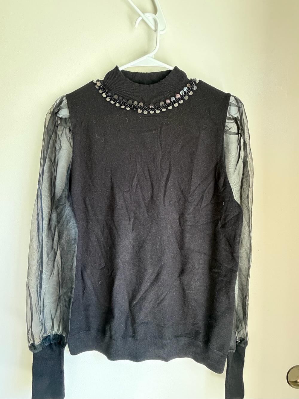 Sioni Black Knit Top with Sequin-Trim Collar